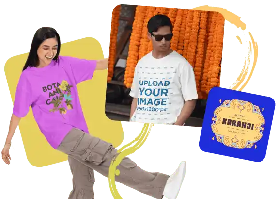 A set of three Indian-inspired templates on Placeit, featuring vibrant designs for Holi. Includes a botanical-themed t-shirt mockup, a customizable men's t-shirt mockup with marigold decorations in the background, and an ornate business logo with traditional motifs.